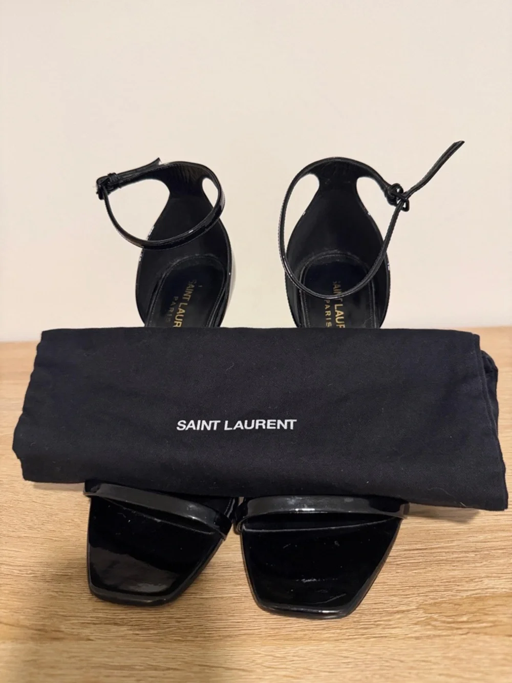 Saint Laurent Black Patent Logo-Heel Ankle-Strap Sandals - Picture 2 of 6